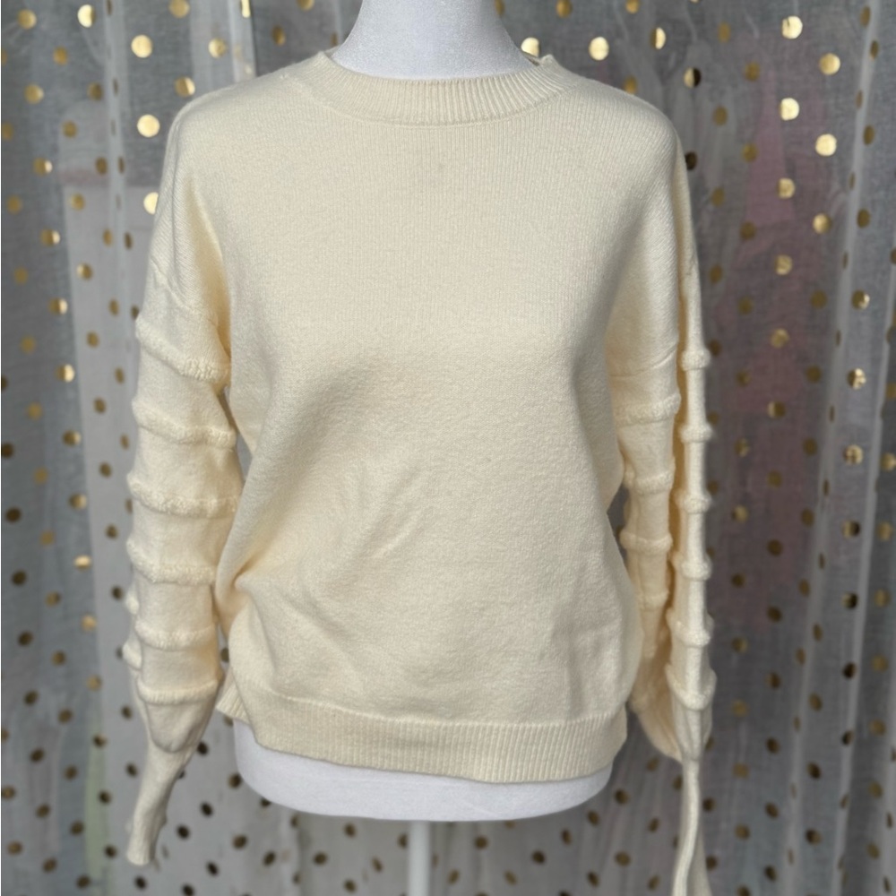 Cream Knit Sweater with Textured Sleeves